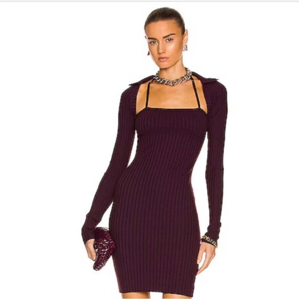 Helmut Lang Long Sleeve Ribbed Bodycon Dress in Deep Plum